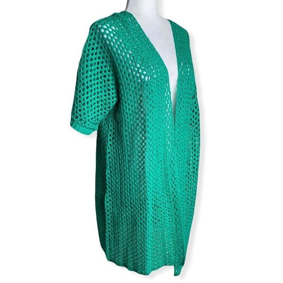 Jessica London Green Open Knit Crochet Short Sleeve Cardigan Sz 12 - Picture 4 of 8